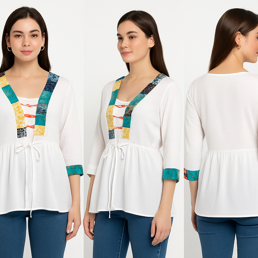 Chic White Peplum Top with Colorblock Detailing and Front Tie
