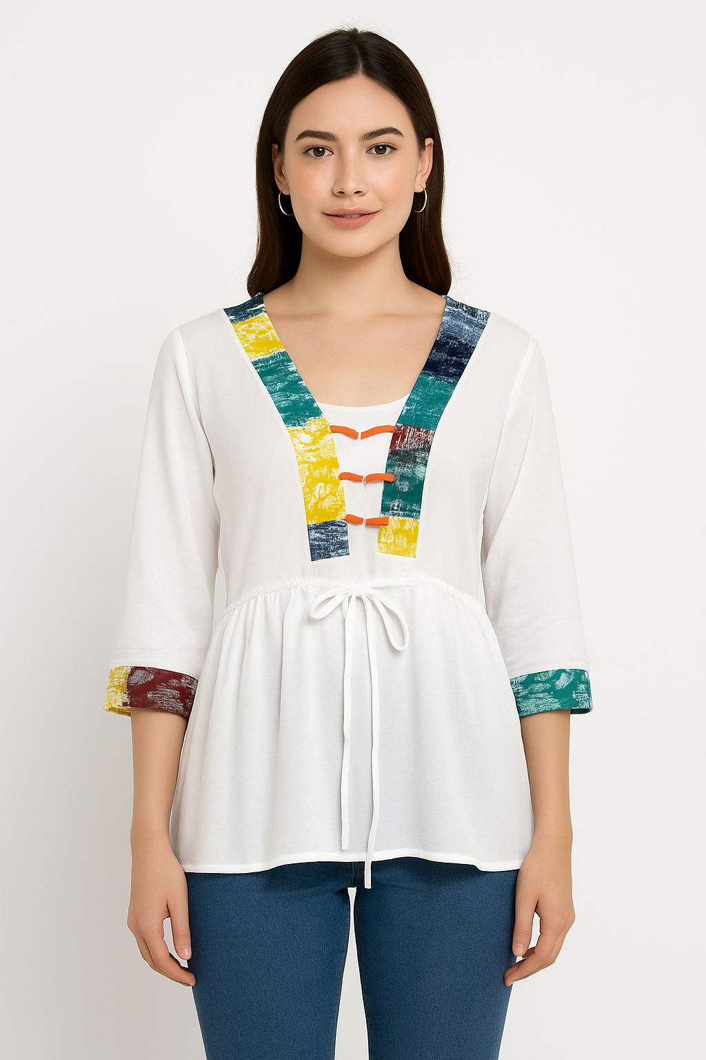 Chic White Peplum Top with Colorblock Detailing and Front Tie